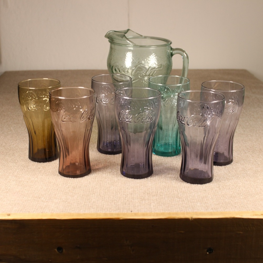 Vintage Coca-Cola Glass Pitcher and 7 Multi-Color Embossed Tumbler Set